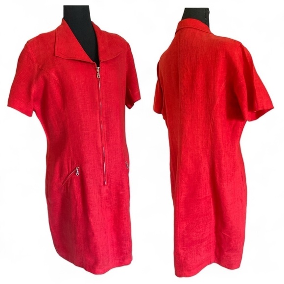 NY Sake LINEN Shirt Dress Silver Hardware Zip front, zipper pockets Red Size 1… - Picture 12 of 16